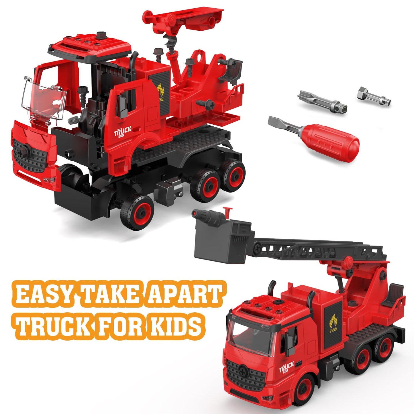 Dwi Dowellin Fire Truck Toys for 4 5 6 7 Years Old Kids, Fire Rescue Vehicle with Shooting Water,Light&Sounds, Assemble Cars Toy, Gift for Boy Girl