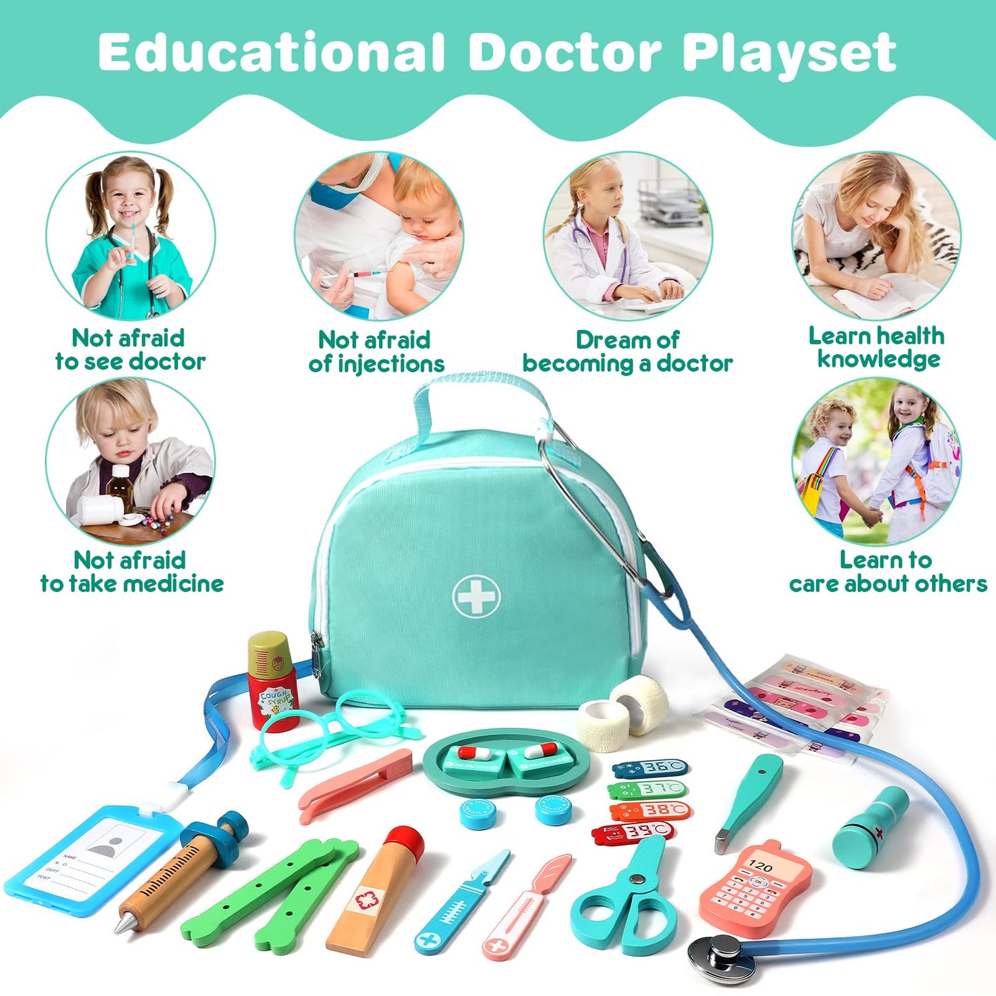pataoli Doctor Kit for Kids,39 Pcs Pretend Play Doctor Set,Doctor kit for Toddlers 3-5 with Medical Bag,Stethoscope,Dress Up Costume and Wooden Accessories,Fun Role Playing Game