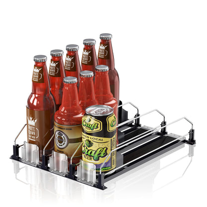 JUNMEI Drink Organizer for Fridge,12oz 16oz 20oz - Soda Can Dispenser for Refrigerator,Width Adjustable,Automatic Pusher Glide,15" D,Black,3 ROW,Holds 15 Bottles