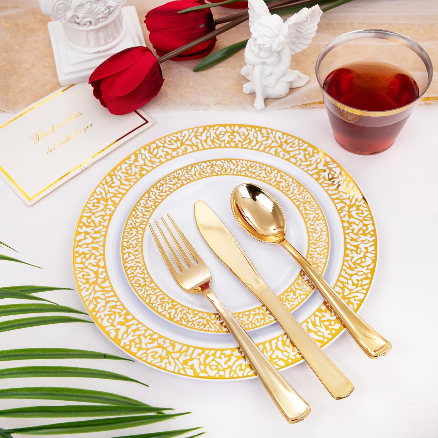 GATHER 300Pcs Gold Plates-Gold Plastic Dinnerware for 50 Guests-Disposable Lace Plates for Party Include: 100 Gold Plastic Plates Disposable, 50 Gold Silverware, 50 Cup for Mother's Day