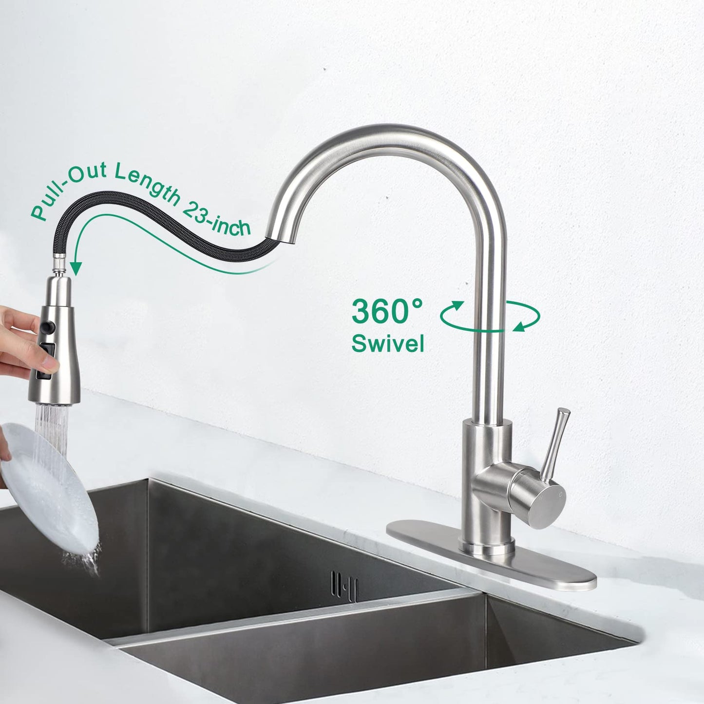 KANONEY Single Handle High Arc Pull Out Kitchen Faucet, Stainless Steel Commercial Modern Kitchen Sink Faucets with Pull Down Sprayer & 10” Deck Plate for Bar Laundry RV Utility Sink
