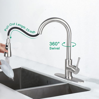 KANONEY Single Handle High Arc Pull Out Kitchen Faucet, Stainless Steel Commercial Modern Kitchen Sink Faucets with Pull Down Sprayer & 10” Deck Plate for Bar Laundry RV Utility Sink