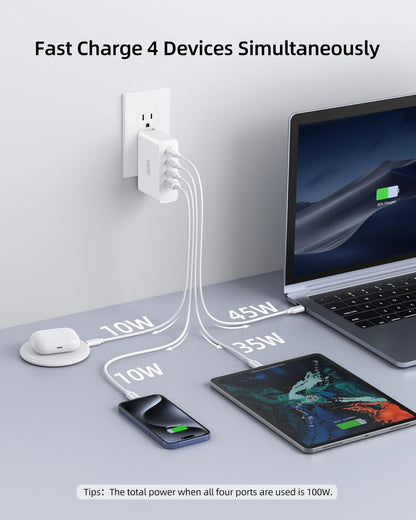 Topadre 100W USB C Travel Charger, 4-Ports Foldable Travel Adapter Plug Converter with UK/EU/AU Plugs,Fast Charging for Macbook Pro/Air,for iPad Pro/iPhone 16/15 Pro Max, for 45w Samsung Galaxy, White