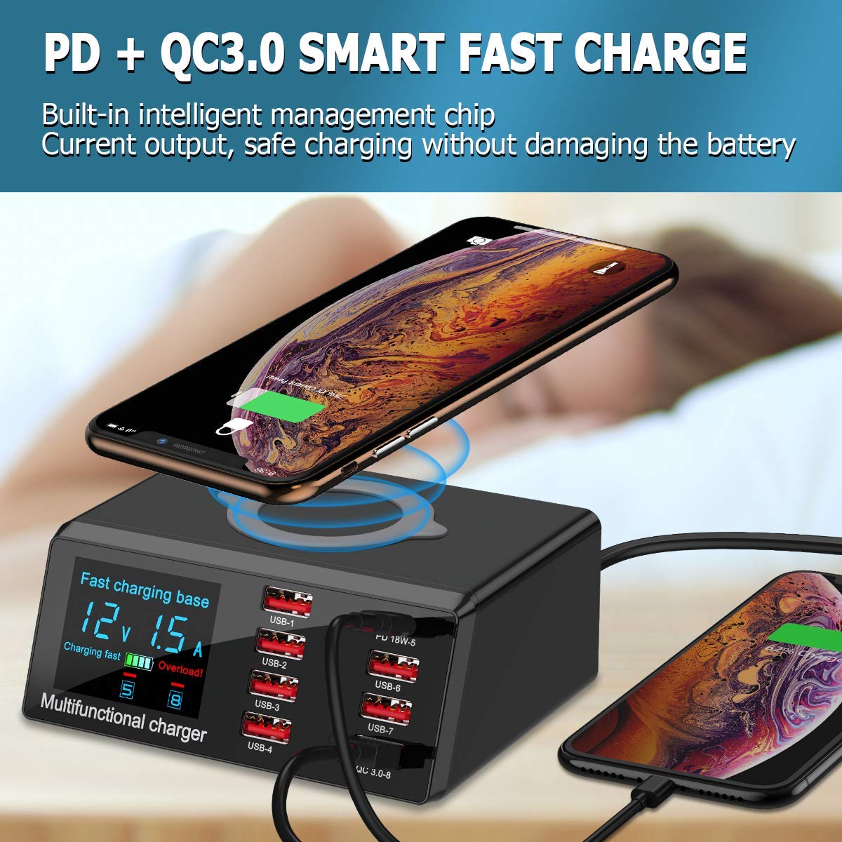 Charging Station for Multiple Devices, 100w 6-Ports Include 5USB+1QC3.0 Ports Fast Charging Station for Apple, Fit for Other Mobile Phones Brands