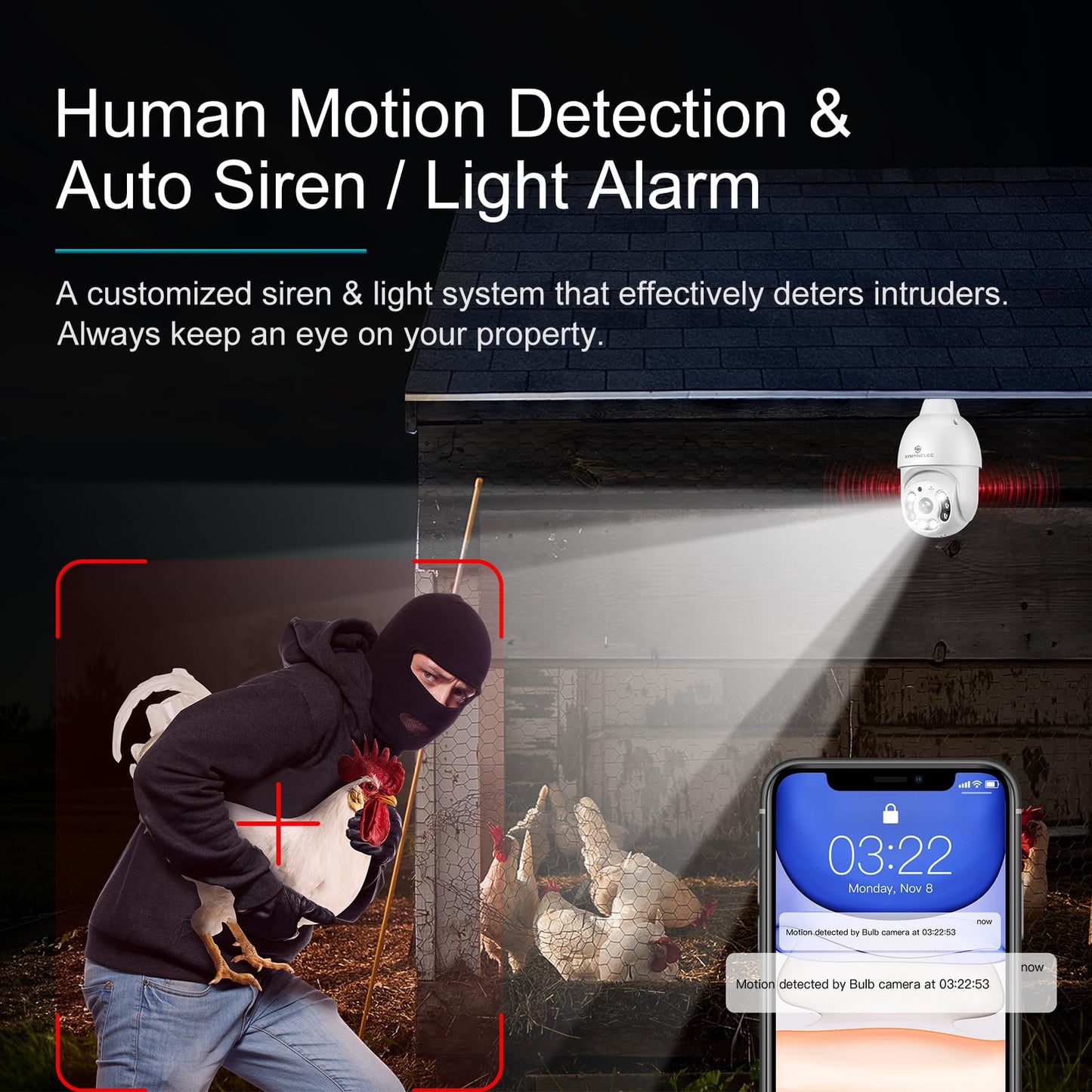 SYMYNELEC Light Bulb Security Camera Outdoor Waterproof 2.5K, 2.4GHz Only Wireless WiFi Light Socket Camera with AI Human Detection Motion Tracking Color Night Vision Siren Alarm Works with Alexa