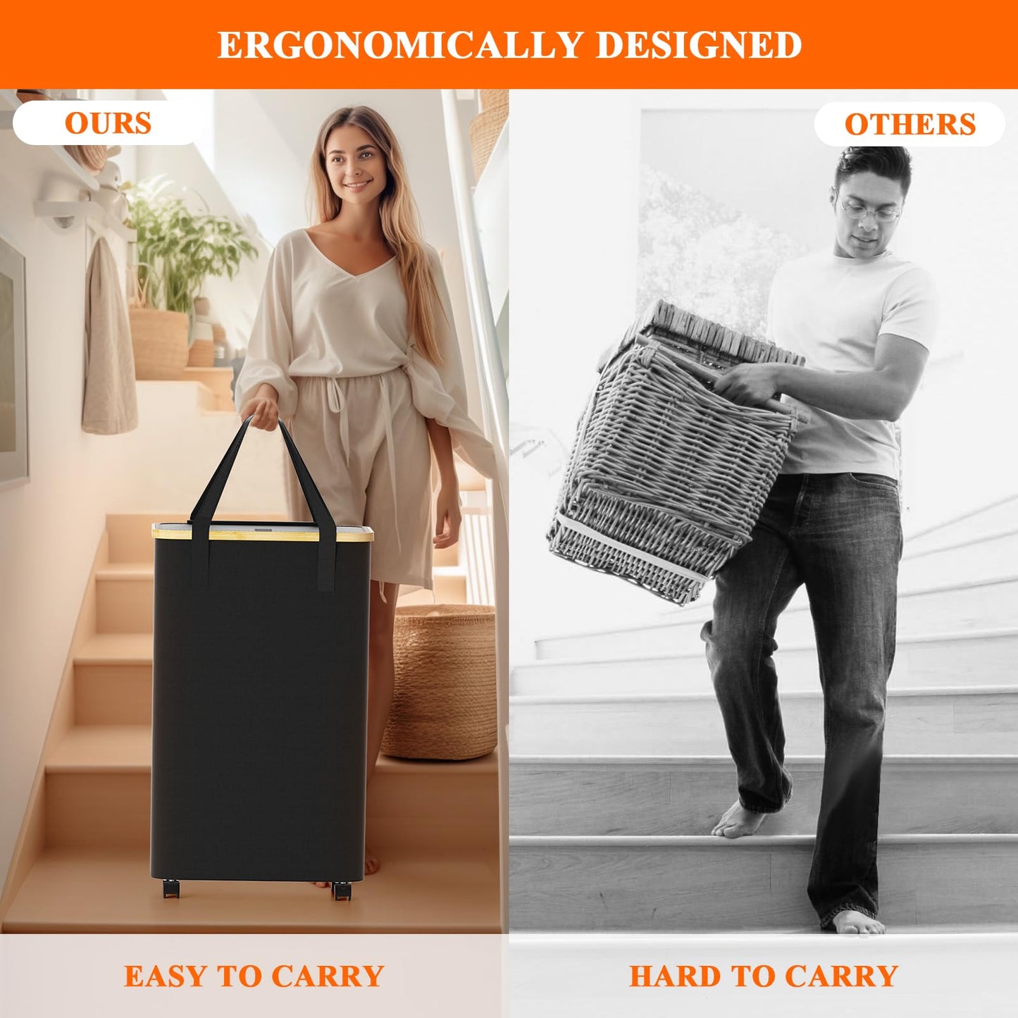 Azlafu Rolling Laundry Basket with Wheels 2-Pack, 75L Tall Slim Laundry Hamper with Lid, Waterproof Dirty Clothes Hampers for Laundry, Bedroom, Bathroom, Black Hamper with Handles for Clothes and Toys