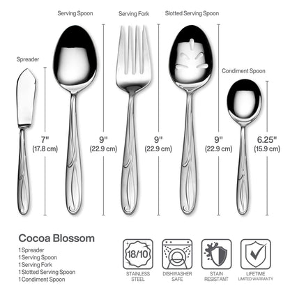 Mikasa Cocoa Blossom 18/10 Stainless Steel Flatware Hostess Serving Utensil, 65 Piece Set, Silver