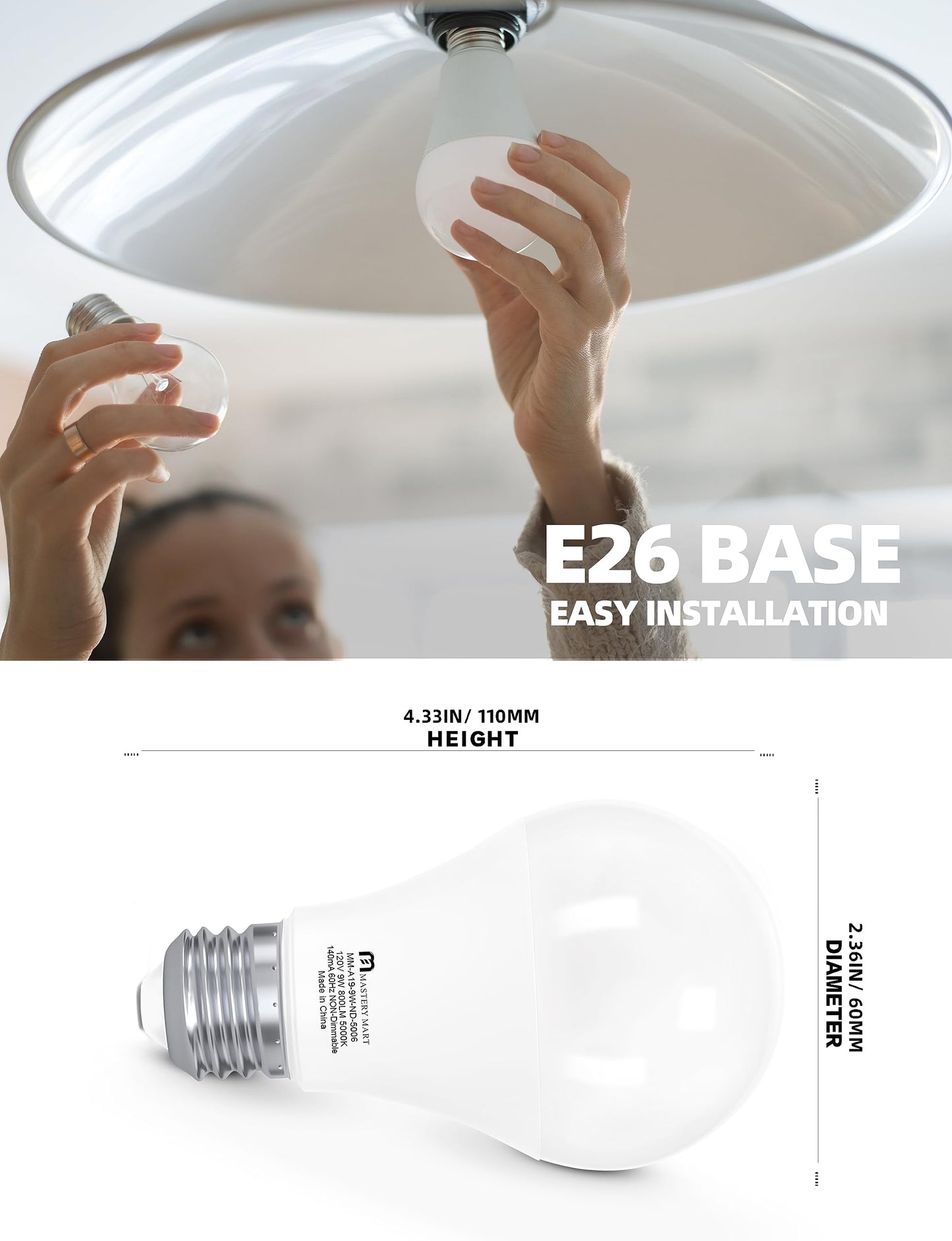 MASTERY MART A19 [60-Watt] Led Light Bulbs, E26 Base, 5000K Bright Daylight White, 800 Lumens, CRI 80+, Non-Dimmable, Energy Star, UL Listed, 9W [60W Equivalent]- (6 Pack)