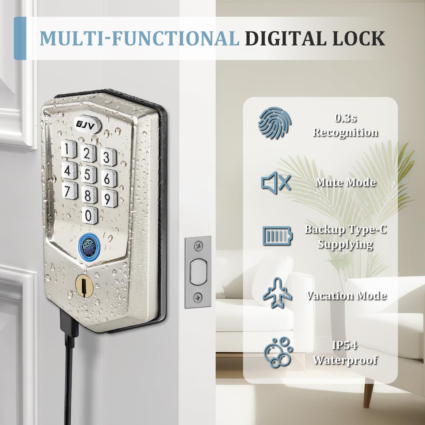 Keyless Entry Door Lock, GJV Fingerprint Door Lock, Smart Door Lock for Front Door, Keypad Deadbolt & Electronic Door Lock with Auto-Lock for Hotel Office Airbnb Home & Apartment - Satin Nickel