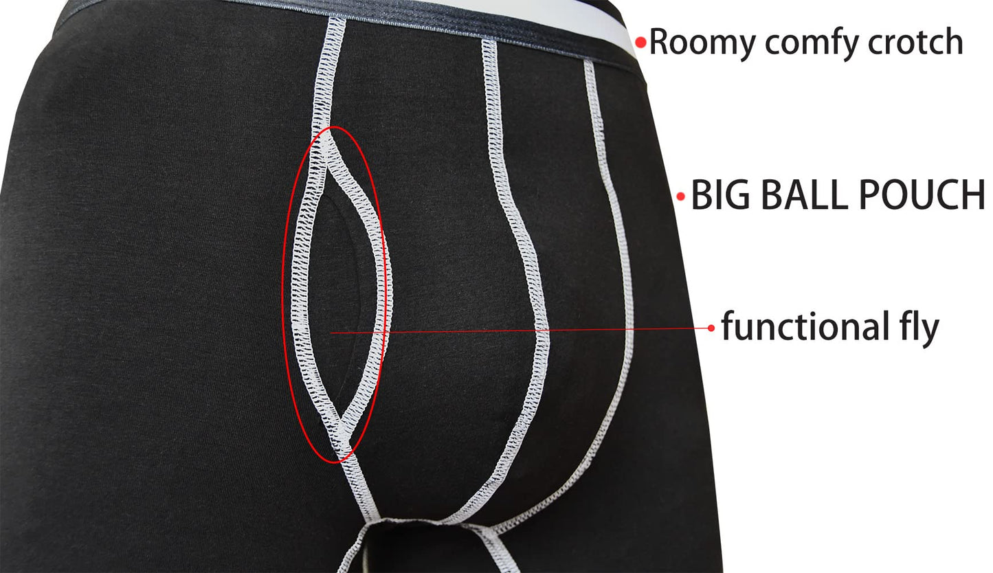 Men's Long Leg Boxer Briefs Cotton Underwear with Fly Pouch, 3-Pack (Black, Small)