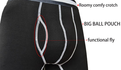 Men's Long Leg Boxer Briefs Cotton Underwear with Fly Pouch, 3-Pack (Black, Small)