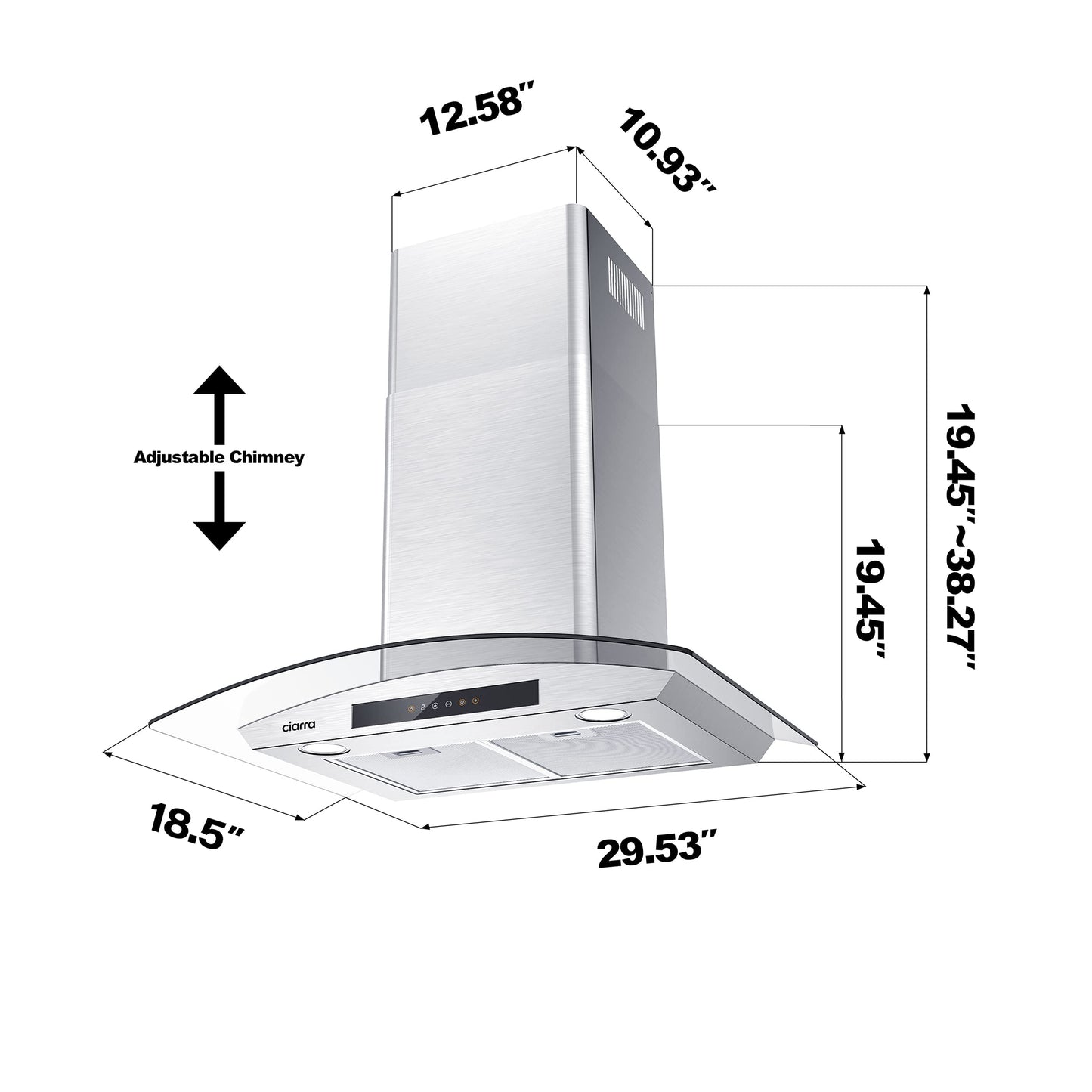 Wall Mount Range Hood 30 inch with Soft Touch Control in Stainless Steel & Tempered Glass, Stove Vent Hood for Kitchen with 3 Speed Fan, Permanent Filters, Ductless Convertible Duct, CIARRA CAS75502