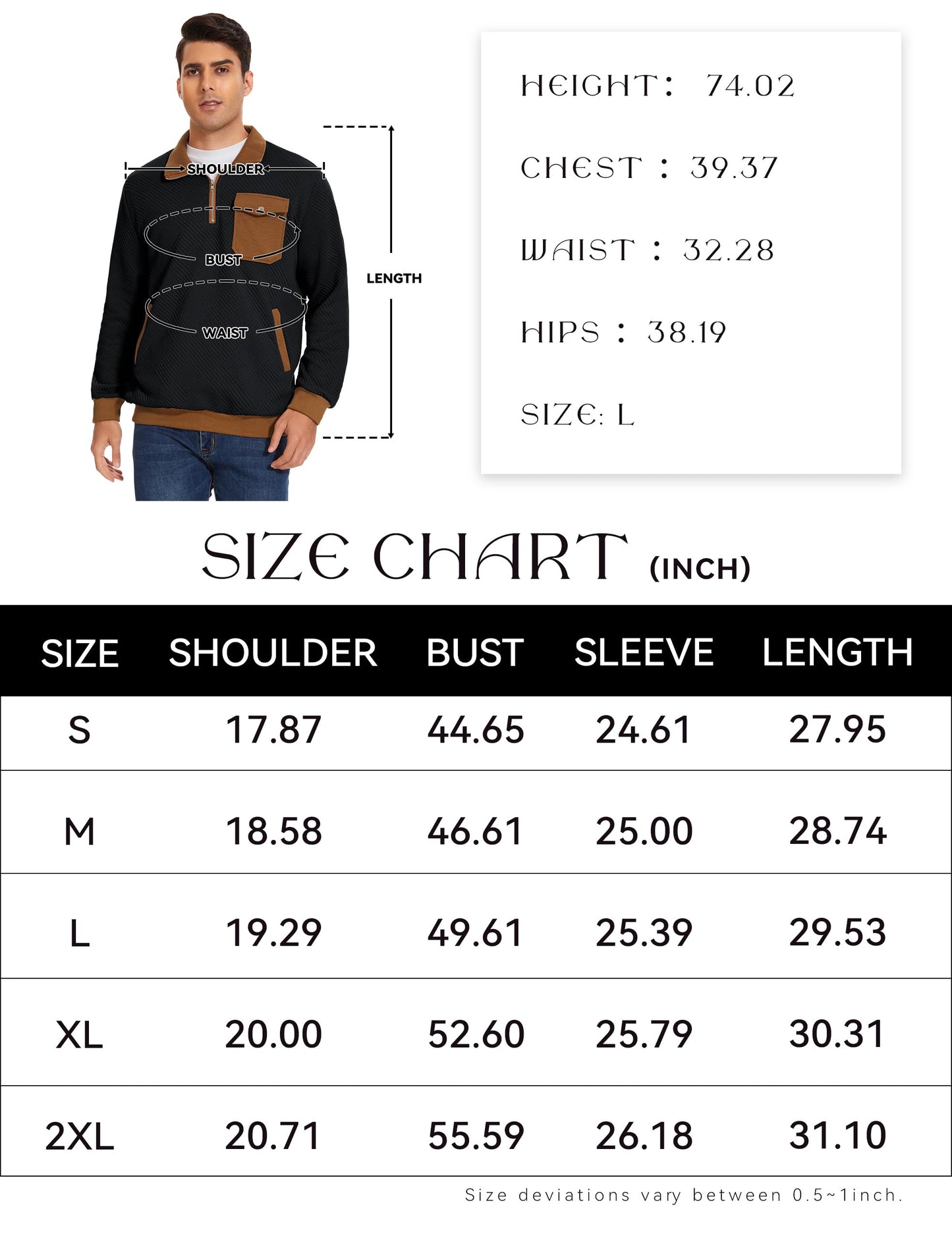 TURAND Men's Quarter Zip Pullover Fashion Sweatshirts Waffle Sweatshirt Polo Shirt with Pockets Black M