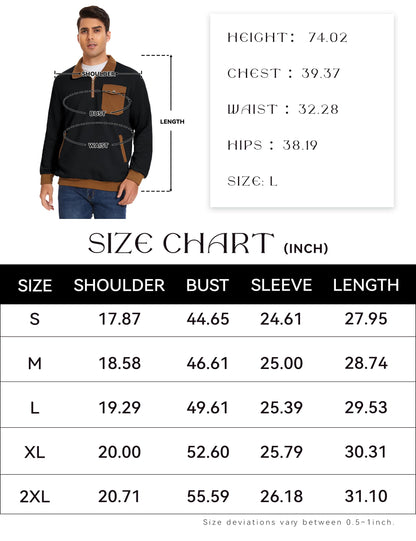 TURAND Men's Quarter Zip Pullover Fashion Sweatshirts Waffle Sweatshirt Polo Shirt with Pockets Black M