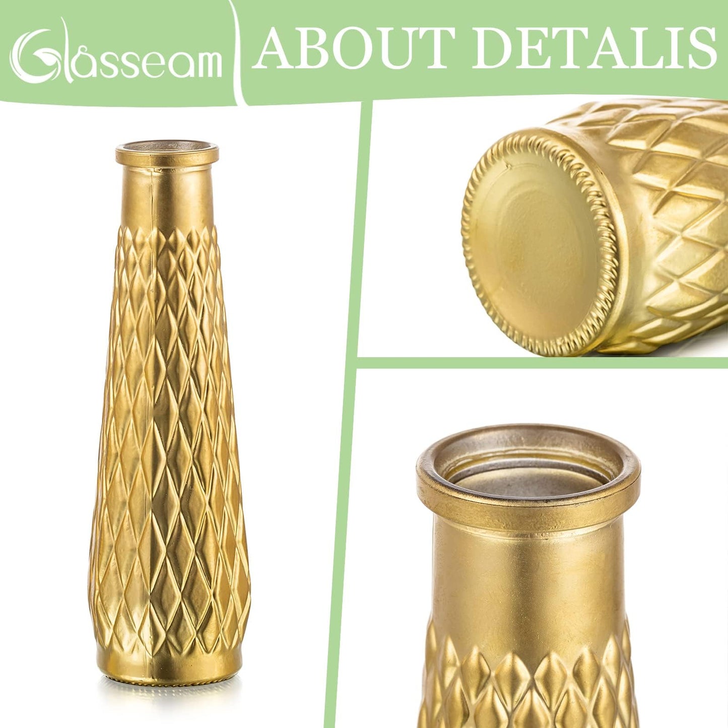 Glasseam Gold Glass Vase, 8pcs Cylindrical Home Decor, Antique Art Deco Style, Holds Water, Gold Electroplating Finish, Living Room Kitchen Bathroom Bedroom Decor, Table Centerpieces
