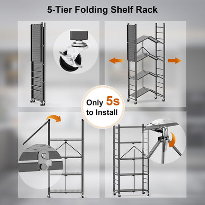 Himix Storage Shelves with 20 Hooks, 5-Tier Foldable Shelves for Storage, Folding Shelf Unit Pantry Shelves Bookshelf with Wheels, Vendor Display Racks for Craft Shows, Home, Office - No Assembly