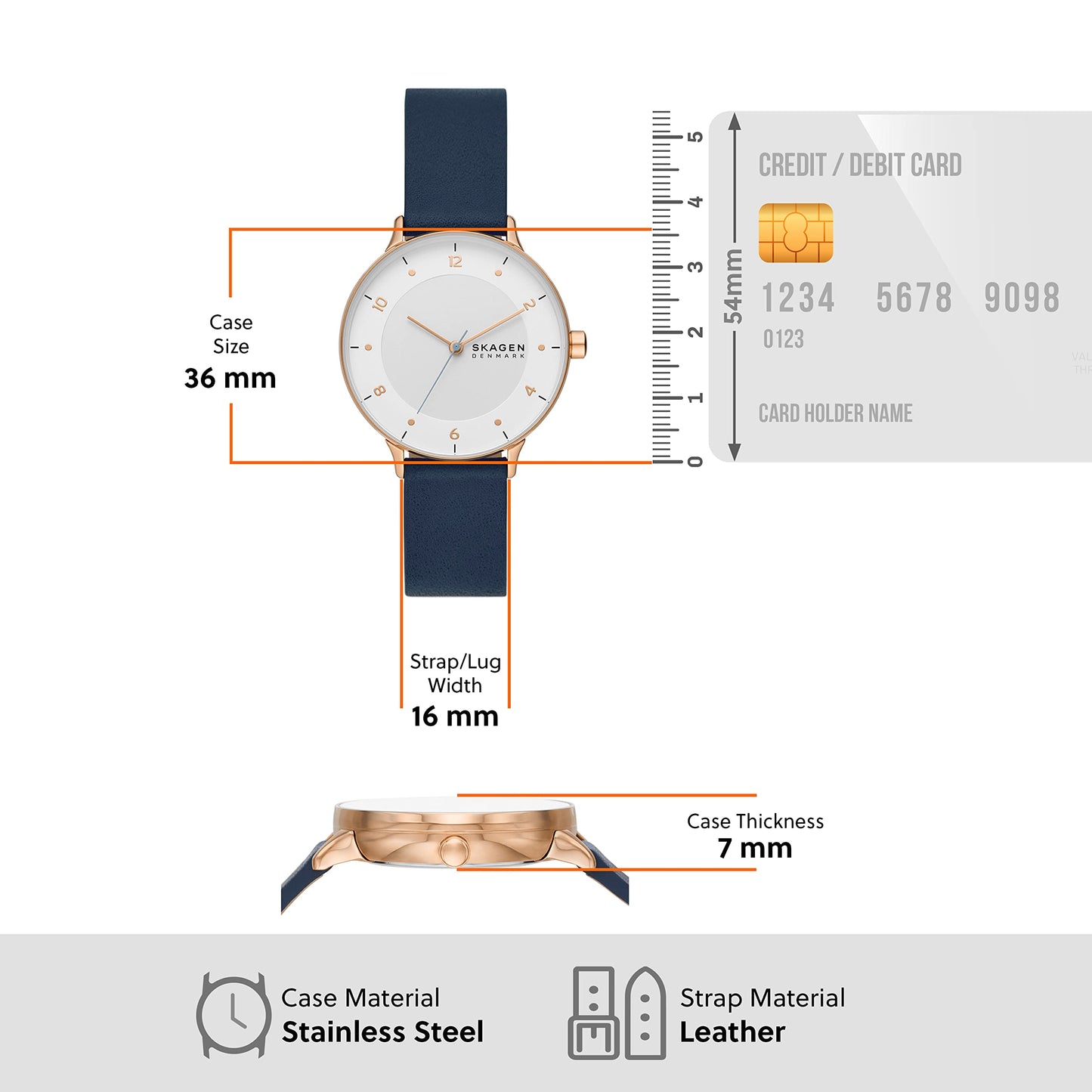 Skagen Women's Riis Three-Hand Rose Gold-Tone Stainless Steel and Blue Leather Band Watch (Model: SKW3090)