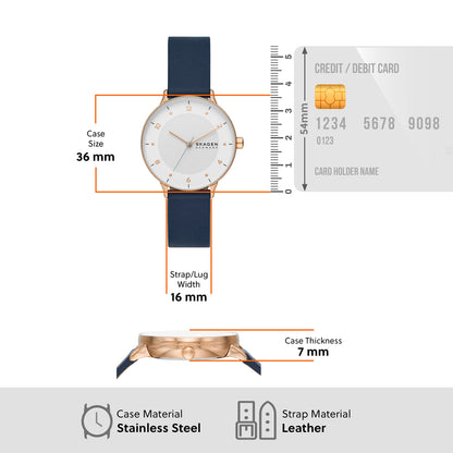 Skagen Women's Riis Three-Hand Rose Gold-Tone Stainless Steel and Blue Leather Band Watch (Model: SKW3090)
