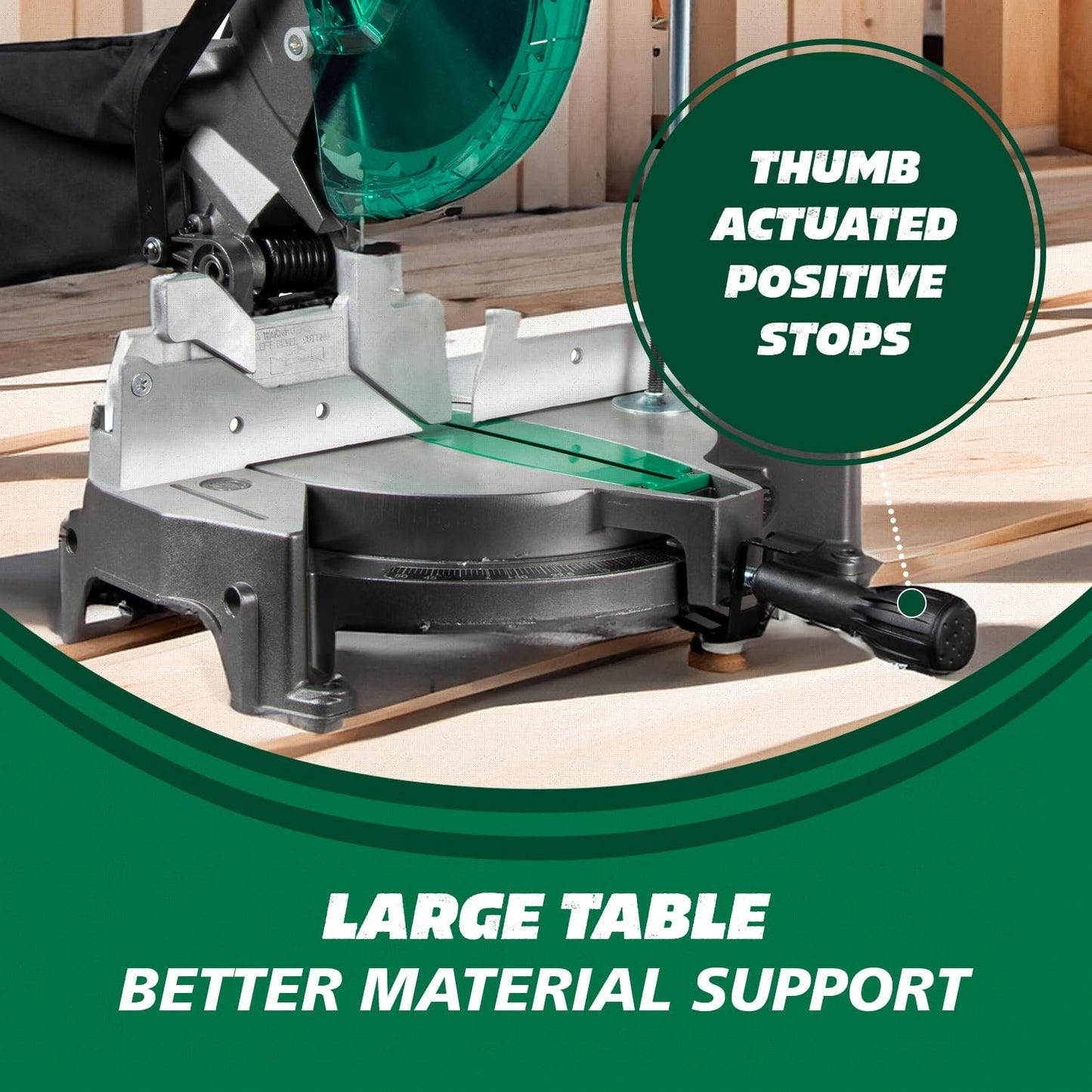 Metabo HPT Compound Miter Saw, 10" Miter Saw with Large Table Saw for woodworking, Power saw with 15-Amp Motor, Accurate Miter Angles, 0-45° Bevel, 24T TCT Miter Saw Blade, Positive Stops, C10FCGS