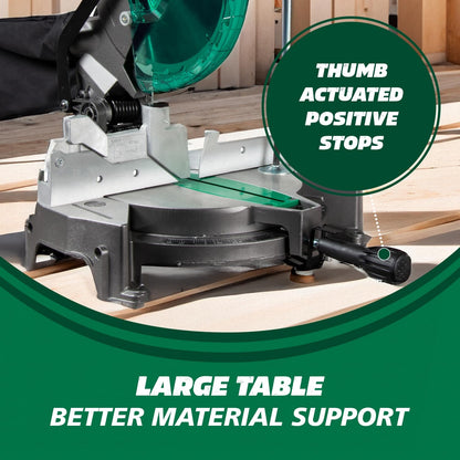 Metabo HPT Compound Miter Saw, 10" Miter Saw with Large Table Saw for woodworking, Power saw with 15-Amp Motor, Accurate Miter Angles, 0-45° Bevel, 24T TCT Miter Saw Blade, Positive Stops, C10FCGS