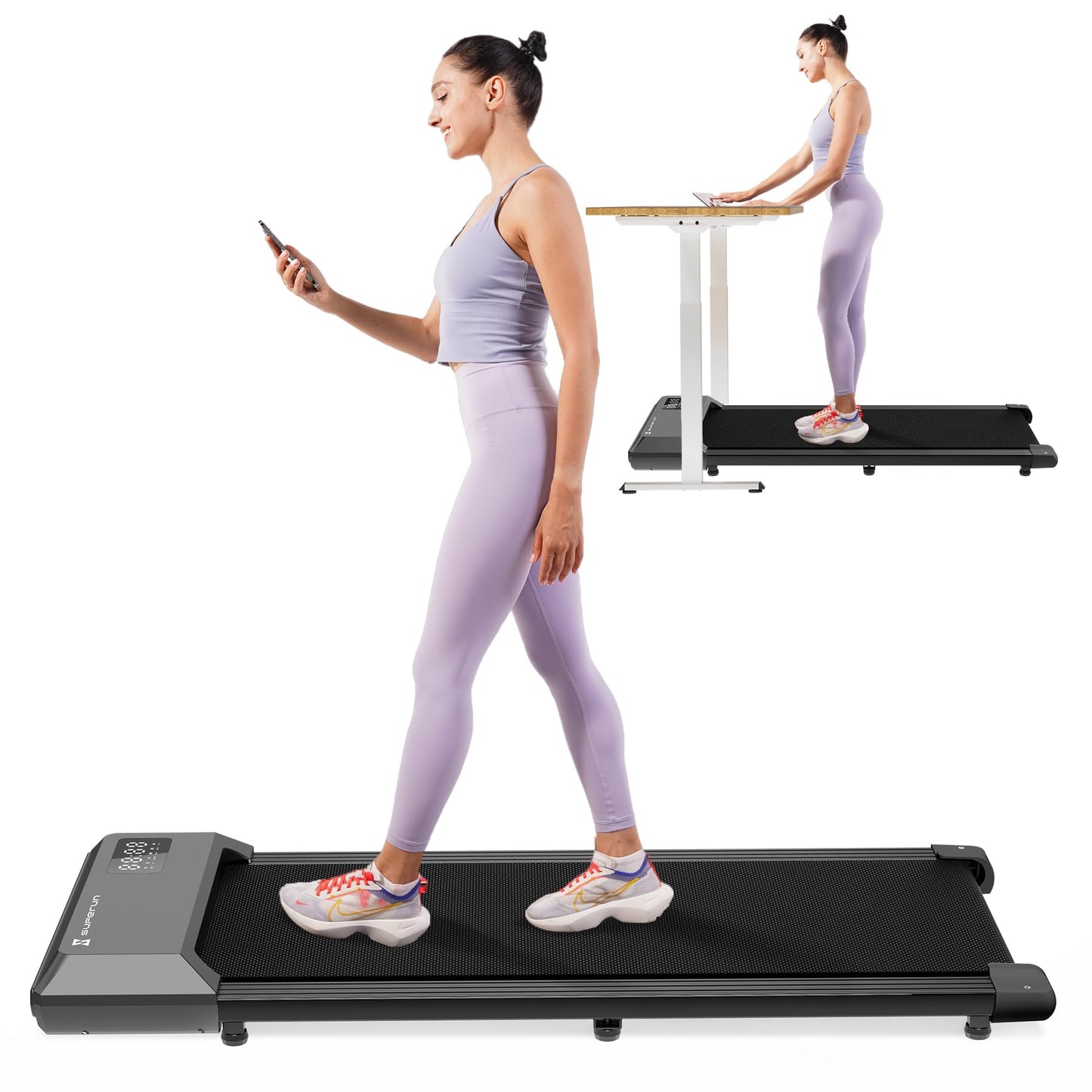 Superun 2 in 1 Walking Pad, Under Desk Walking Treadmill, 2.5 HP Treadmills with LED Display&Remote Control, 300 Lbs Capacity Portable Treadmill for Home&Office, Installation Free