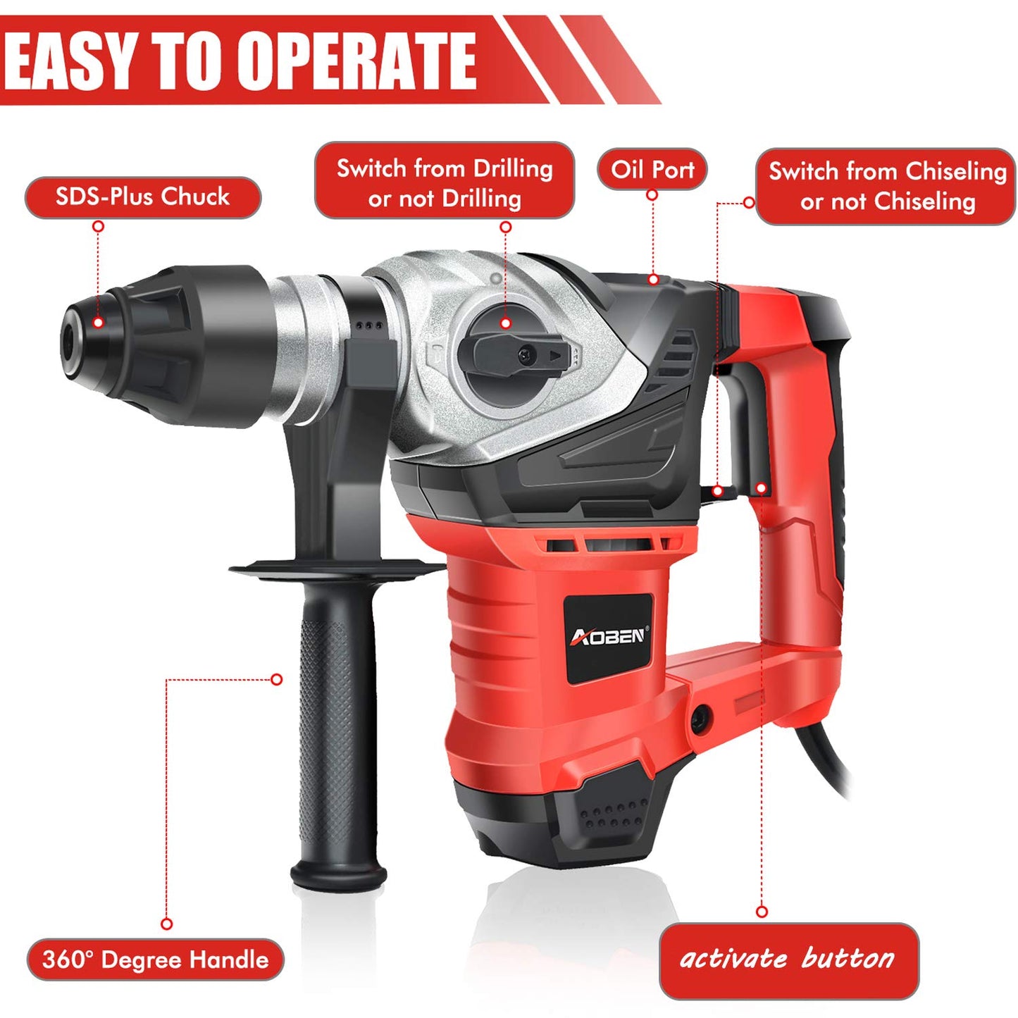 AOBEN 13 Amp Rotary Hammer Drill with Bits