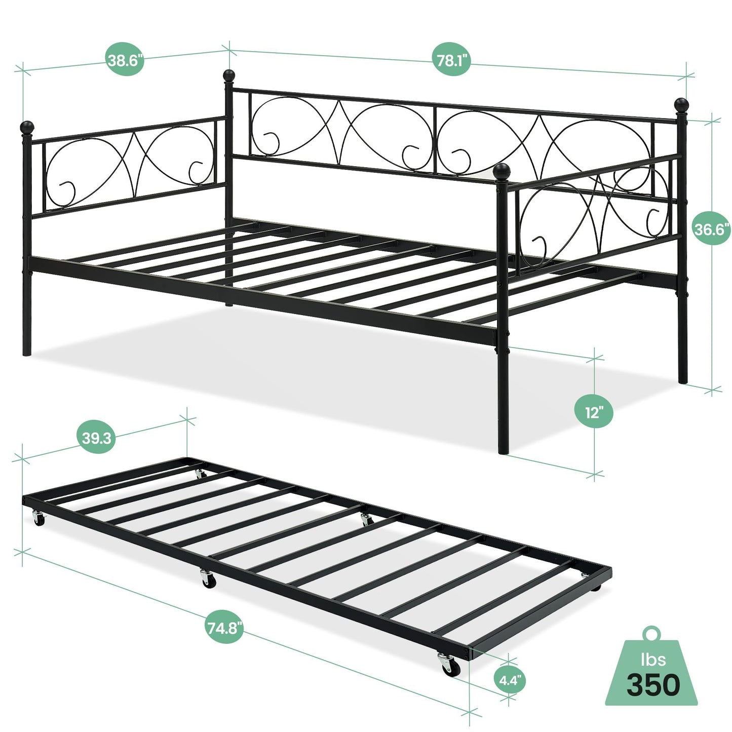 GAOMON Twin Metal Daybed with Trundle
