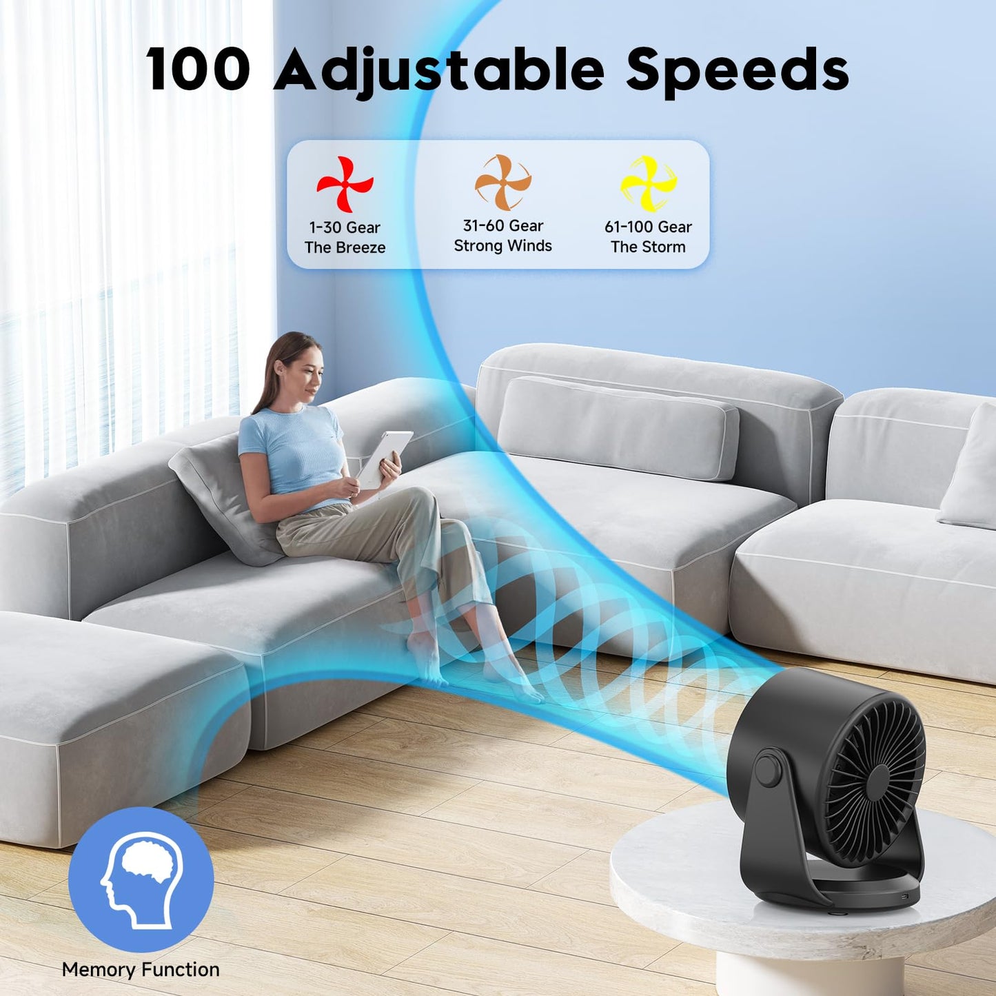 Quiet USB Wall-Mounted Fan with 100 Speeds