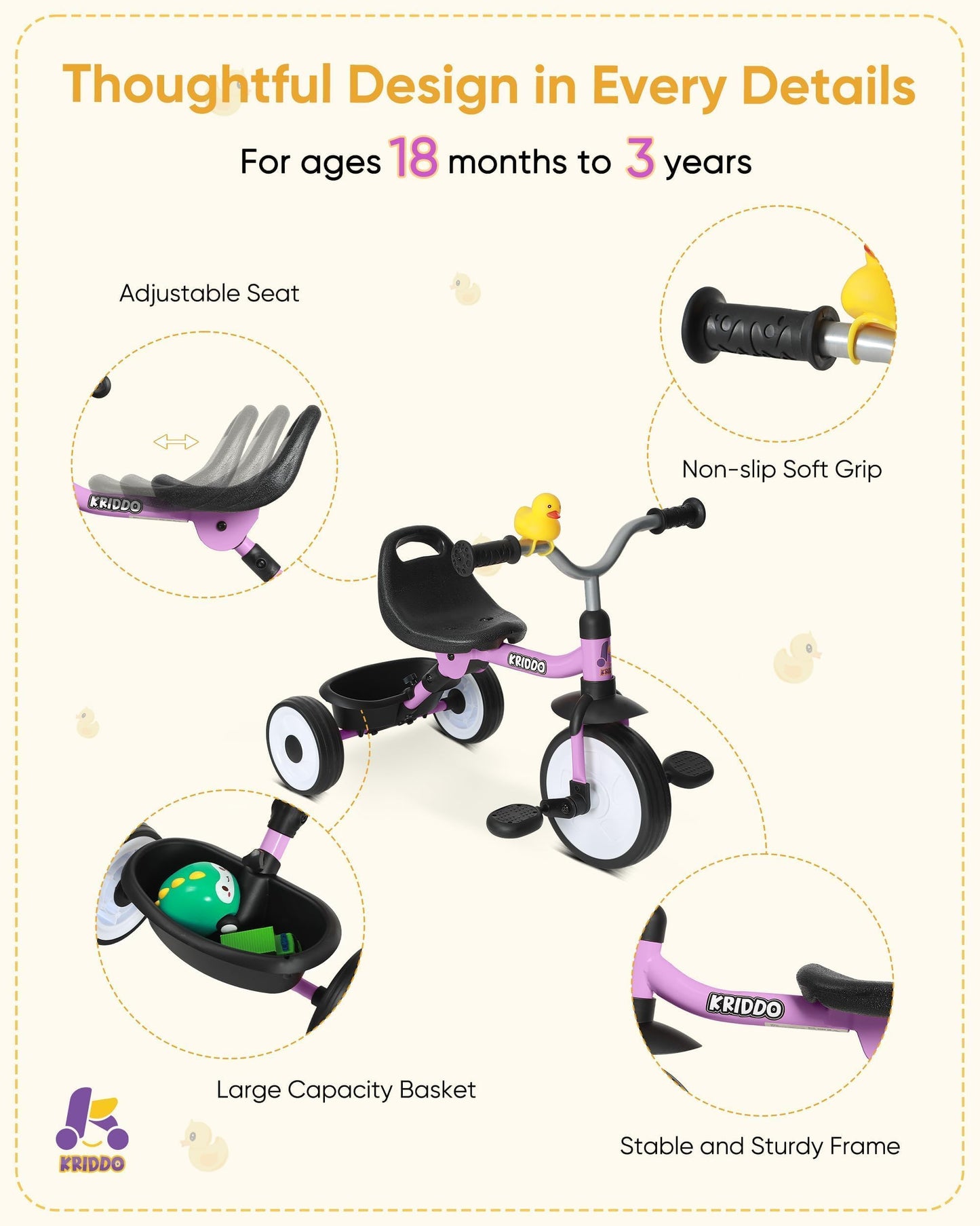 KRIDDO Foldable Kids Tricycle with Storage Basket
