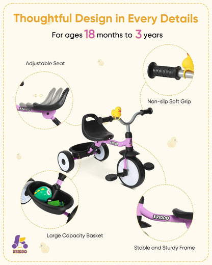 KRIDDO Foldable Kids Tricycle with Storage Basket