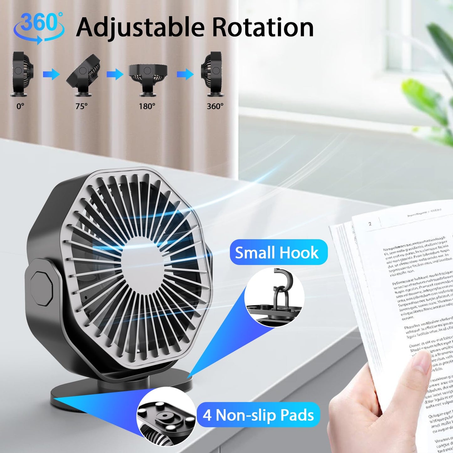 USB Desk Fan with 3 Speeds and 360° Rotation