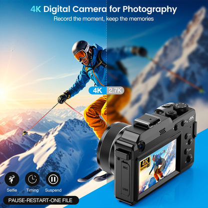 4K Digital Camera for Photography and Video, 64MP Auto-Focus Anti-Shake Vlogging Camera with 18X Digital Zoom, Flash, Compact Travel Camera with 64GB TF Card, 2 Batteries and Battery Charger, Silver