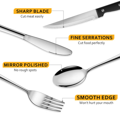 Velaze 48 Pcs Silverware Set for 8 with Steak Knives, Stainless Steel Flatware Set, Mirror Polished Cutlery Sets, Forks Spoons and Knives Set, Home Kitchen Eating Tableware Set, Dishwasher Safe