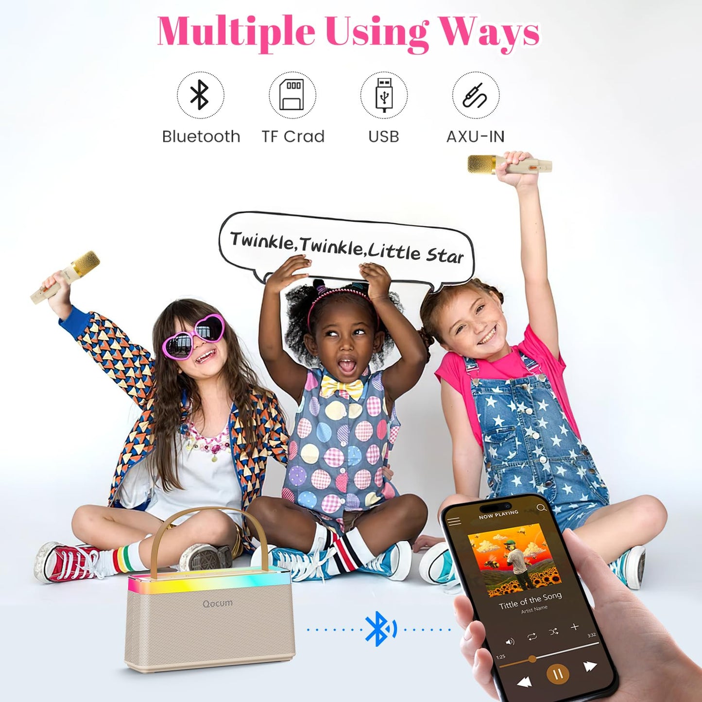 Qocum Karaoke Machine for Kids, Mini Karaoke Machine with 2 Wireless Microphones, Dual Speakers, RGB Dance Light, Voice Changer, TWS Mode, Perfect as Birthday Toy Gift for Kids Aged 4-12