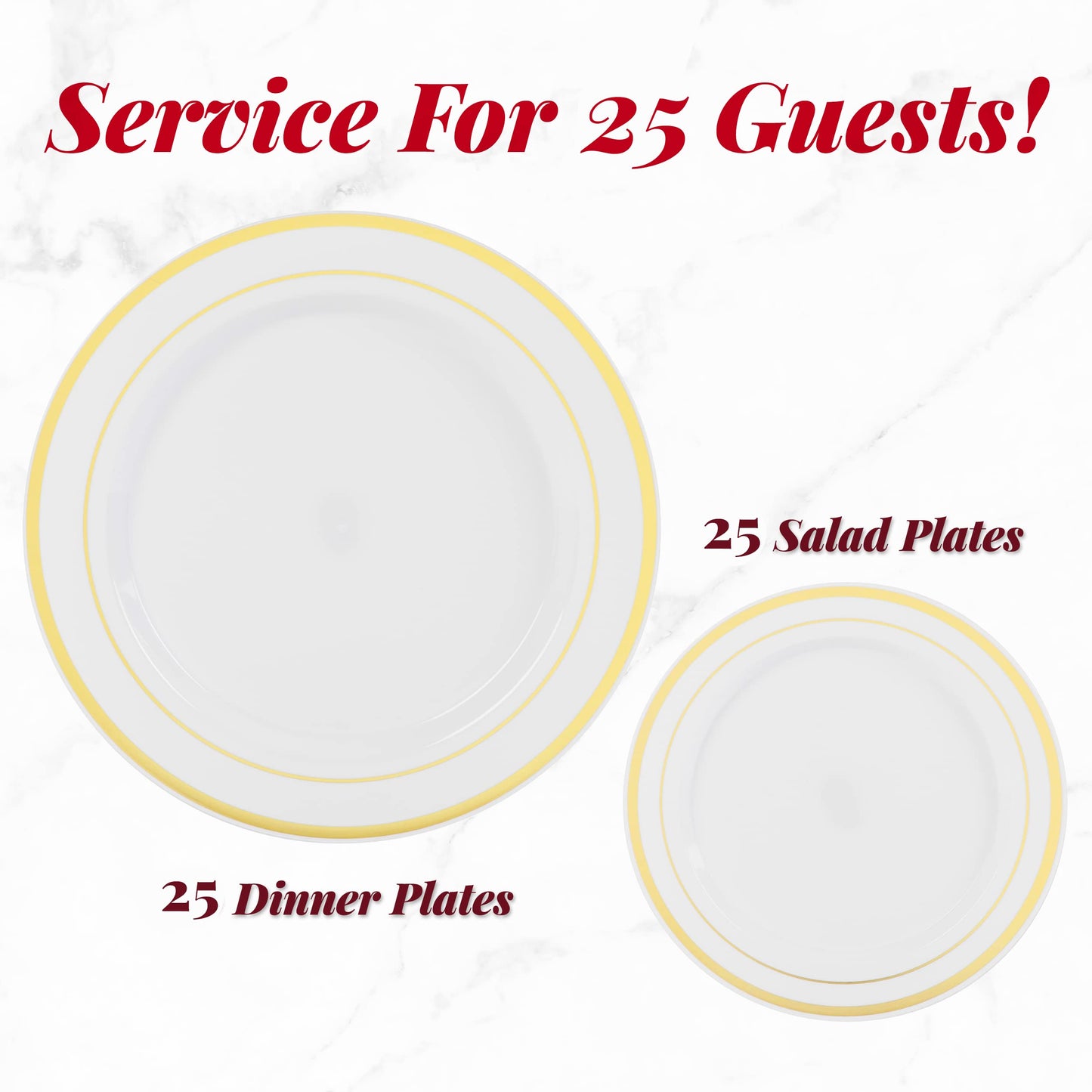 Prestee 50-pc Plastic Gold Plates, 25 Plastic Dinner Plates & 25 Salad Small Plastic Plates, White/Gold Rimmed Plastic Plates for Dessert Appetizer Parties Holiday Wedding Thanksgiving Plastic Plates