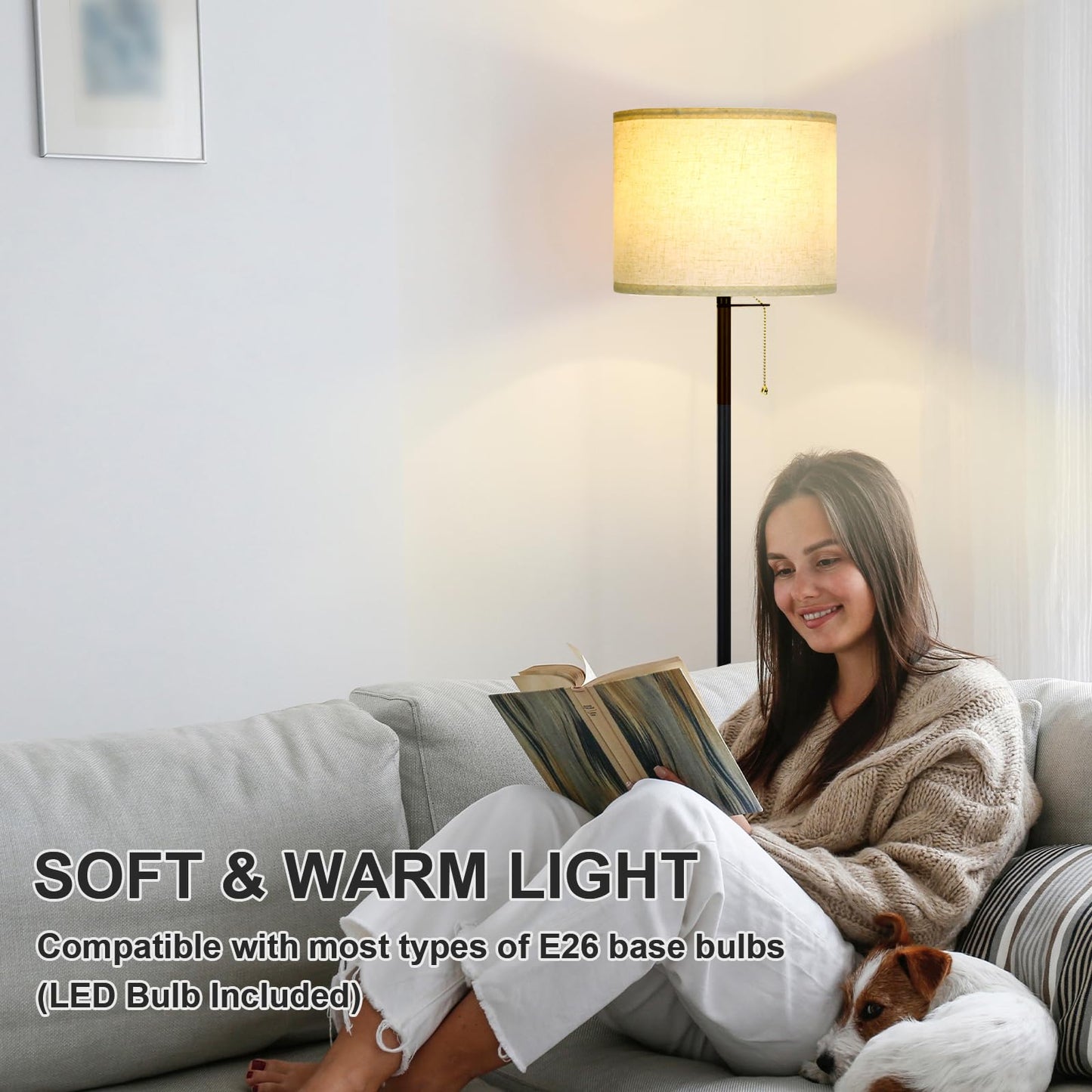 Modern Floor Lamp for Living Room Traditional Farmhouse Floor Lamps Mid-Century Pole Lamp with Linen Lamp Shade, Standing Tall Floor Lamps for Bedrooms and Office (Black-01)