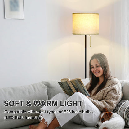 Modern Floor Lamp for Living Room Traditional Farmhouse Floor Lamps Mid-Century Pole Lamp with Linen Lamp Shade, Standing Tall Floor Lamps for Bedrooms and Office (Black-01)