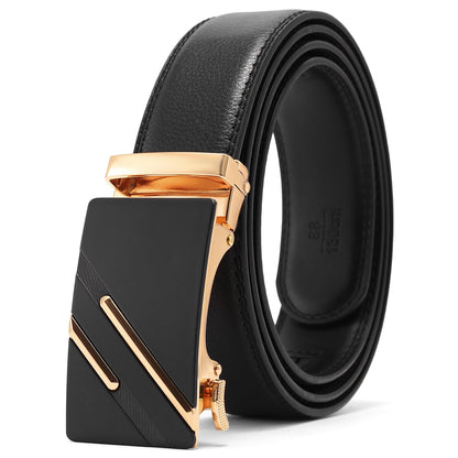 GAEKEAO Men's Ratchet Belt Genuine Leather 1 3/8" Slide Belt for Men Automatic Adjustable Click Buckle Belts for Dress Casual Trim to Fit