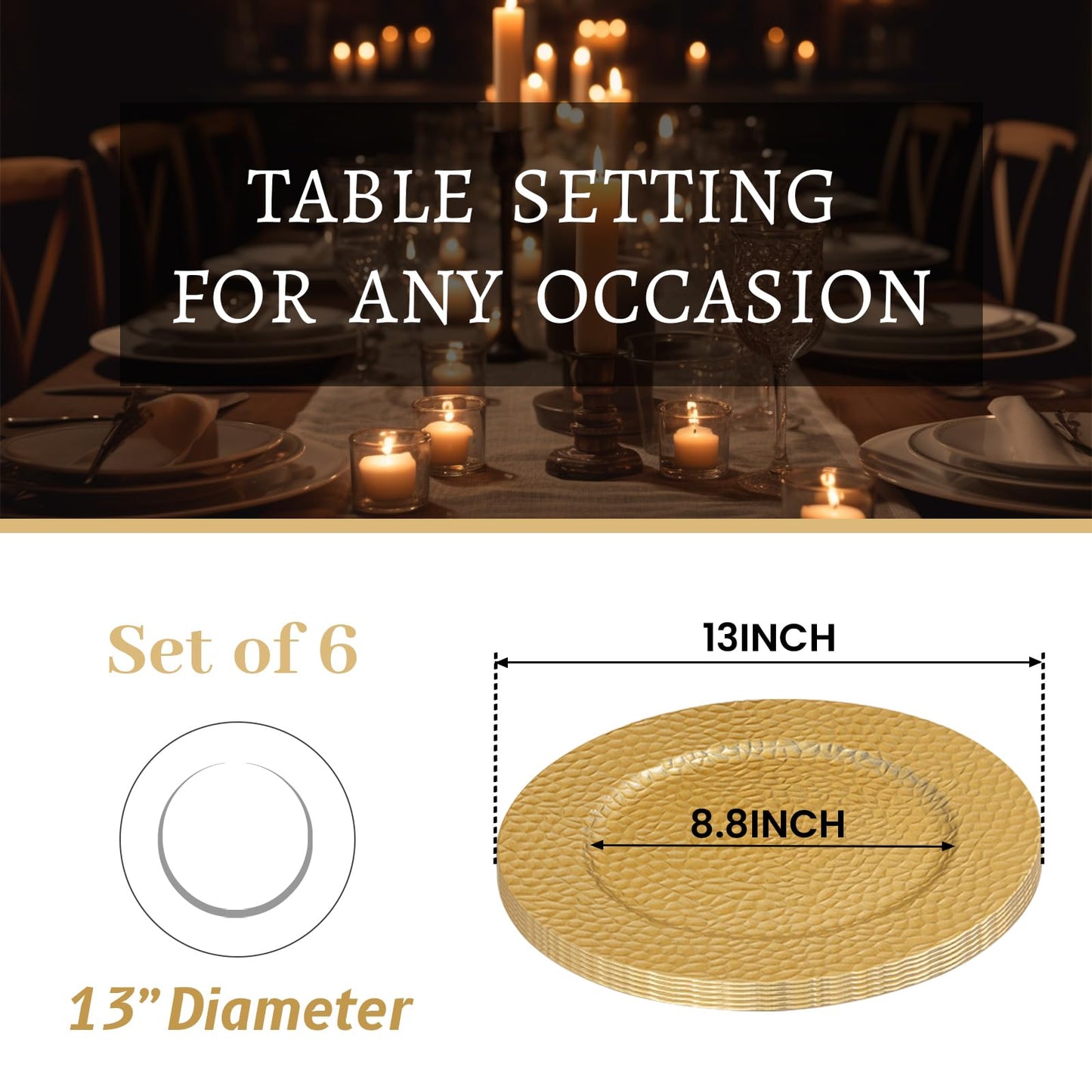 MAONAME Gold Charger Plates, Set of 6, 13" Round Charger Plates, Decorative Chargers for Dinner Plates, Plastic Plate Chargers for Dinner Plates