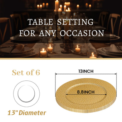 MAONAME Gold Charger Plates, Set of 6, 13" Round Charger Plates, Decorative Chargers for Dinner Plates, Plastic Plate Chargers for Dinner Plates