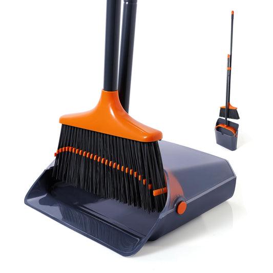 CLEANHOME Upgrade Broom and Dustpan Combo Set with Teeth for Home Kitchen Garden Cleaning, Long Handle Broom and Standing Dustpan Set for Indoor Sweeping,Grey