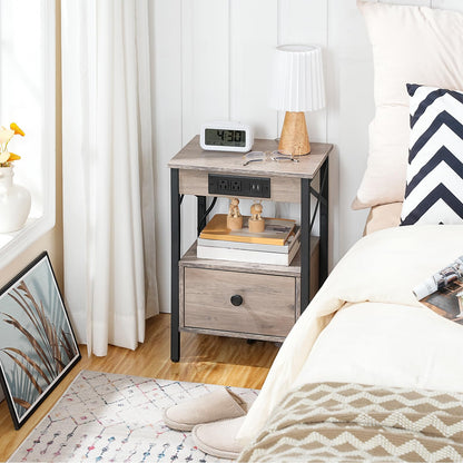 HOOBRO Nightstand with Charging Station, End Table with Drawer, Side Table with USB Ports Outlet, Sofa Beside Table with Storage Shelf for Small Space in Bedroom, Greige BG128UBZ01G1