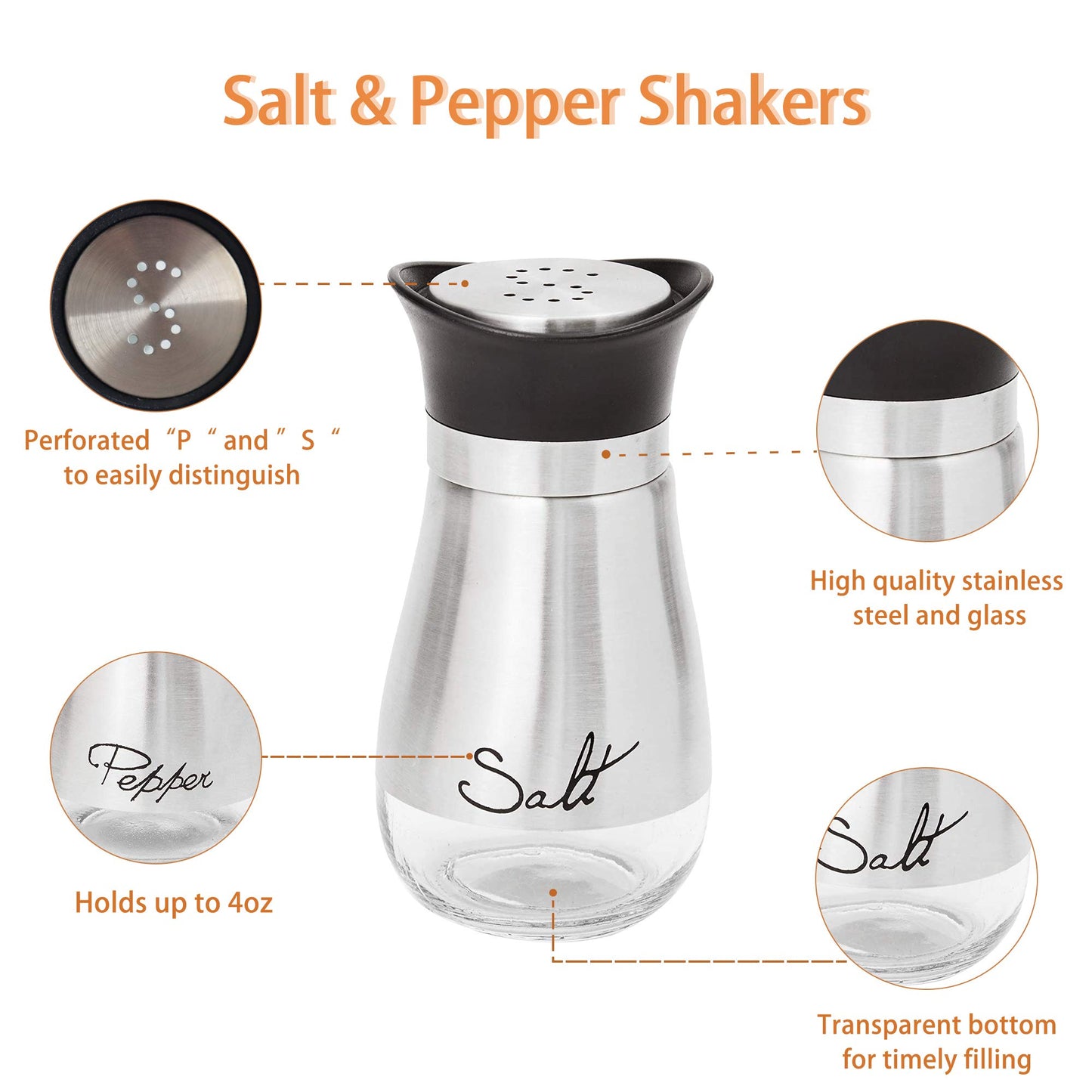 Lonffery Salt and Pepper Shakers Set, Salt Containers for Gifts, Kitchen Decor with Stainless Steel and Glass Bottle, Set of 2