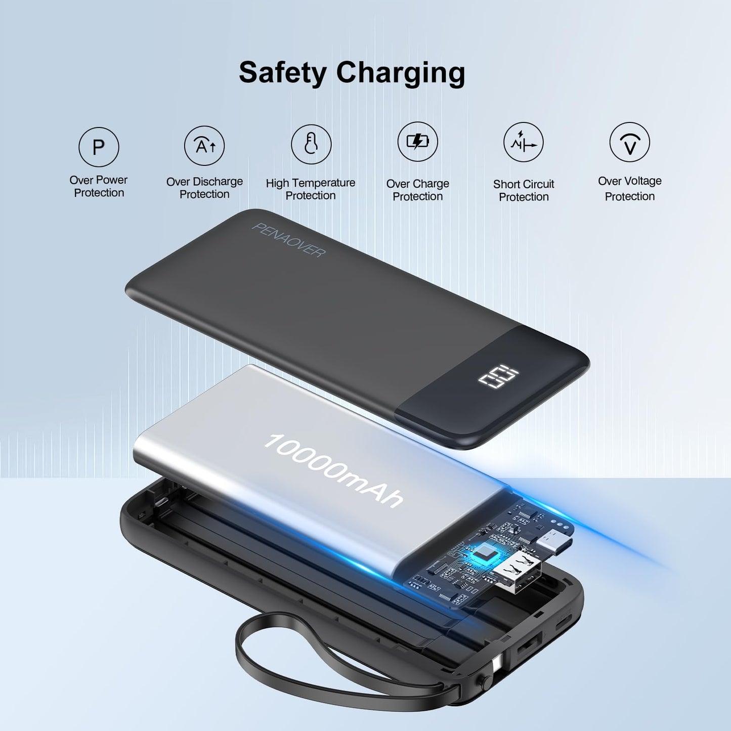 Portable 10000mAh Power Bank with Built-in Cable