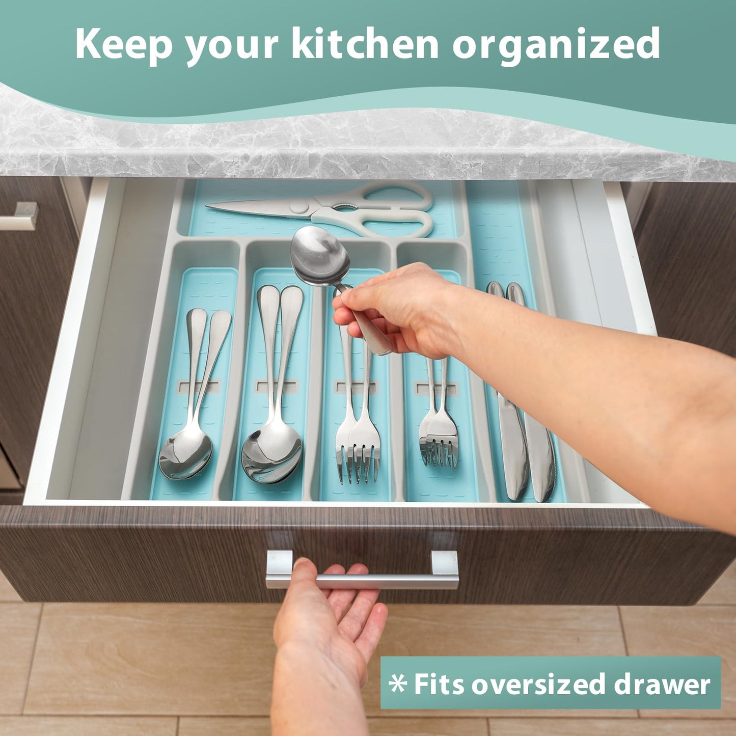 Joequality Silverware Organizer with Icons，Plastic Cutlery silverware Tray for Drawer，Utensil Tableware Flatware Organizer for Kitchen with Non-slip TPR,Fits Oversized Drawer,6-Compartment,Grey+Mint