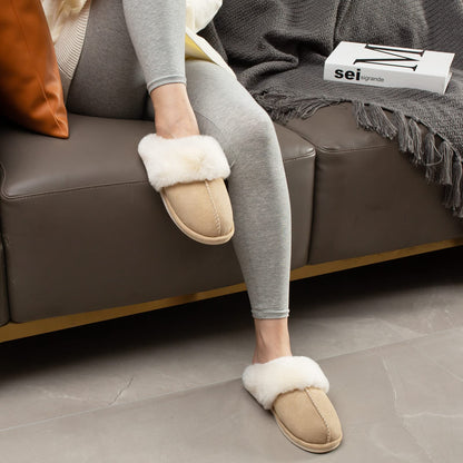 Parlovable Women's Slippers Fuzzy Warm Comfy Faux Fur Slip-on Fluffy Bedroom House Shoes Memory Foam Suede Cozy Plush Breathable Anti-Slip Indoor & Outdoor Winter Beige 9-10