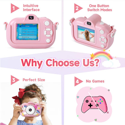 ZUODUN Kids Camera Toys for Girls Age 3-8, Kids Digital Camera Toddler Camera for 3 4 5 6 7 8 Years Old Birthday Gifts, 1080P Video Camera with Cute Protective Cover & 32GB SD Card