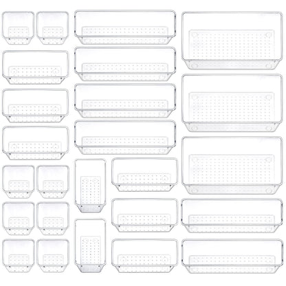 Fixwal 25pcs Clear Drawer Organizers, 4-Size Clear Plastic Drawer Organizers Trays for Makeup, Jewelries, Gadgets, Bathroom, Office, Bedroom