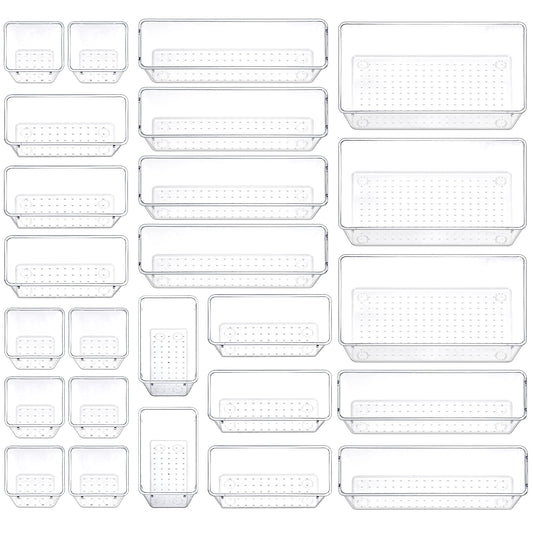 Fixwal 25pcs Clear Drawer Organizers, 4-Size Clear Plastic Drawer Organizers Trays for Makeup, Jewelries, Gadgets, Bathroom, Office, Bedroom