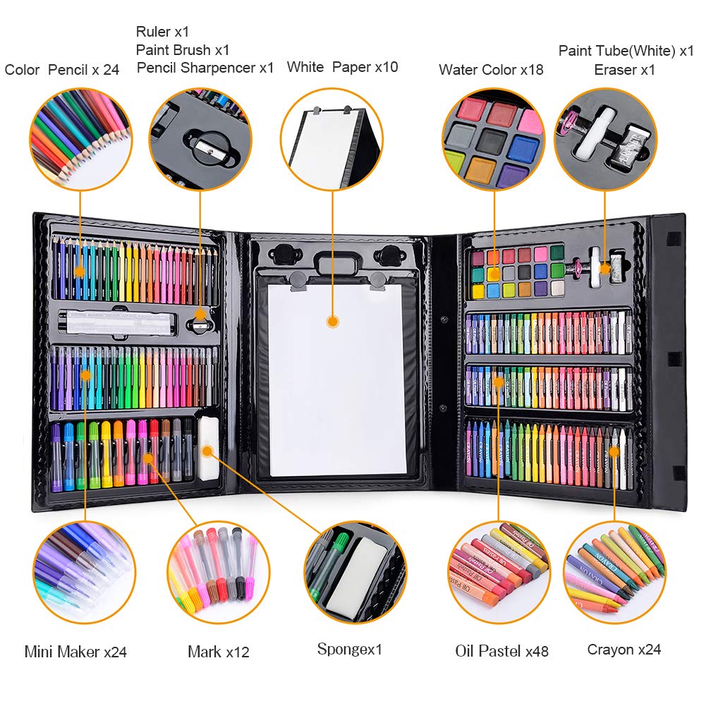 Art Supplies for Kids, Art Set, Art Kit, Drawing Kits, Art and Crafts with Origami Paper, Scissors, Markers, Kindergarten Homeschool Supplies Christmas Birthday Gift (Black)